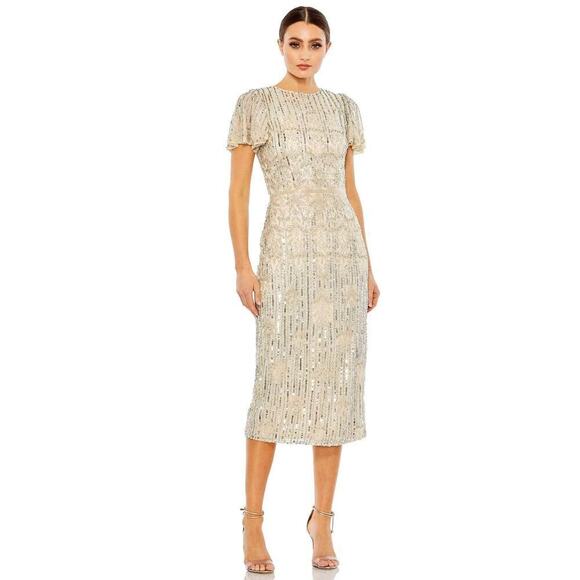 Mac Duggal Embellished Sequined Knee-Length Dress Nude Silver Size 6 NWT - Picture 2 of 12